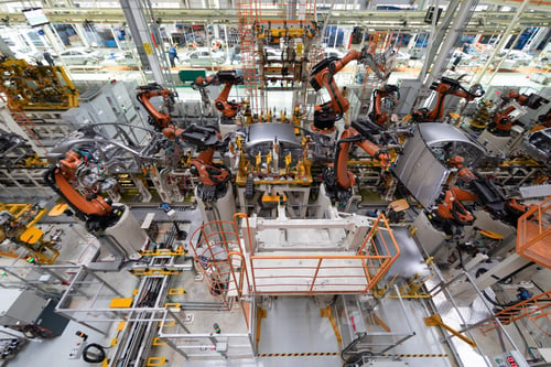 Preview: body of car on conveyor top view. Modern Assembly of cars at the plant. The automated build process