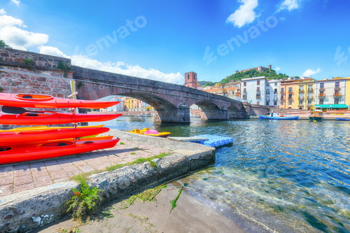 Preview: Attractive cityscape of Bosa town with Ponte Vecchio bridge across the Temo river.