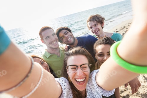 Preview: Multiracial Group of Friends Taking Selfie at Beach
