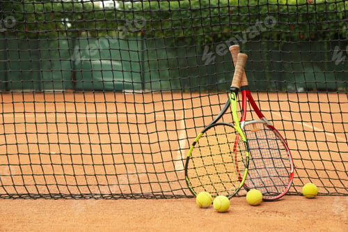Preview: Rackets and tennis balls against net on clay court