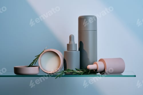 Preview: A composition of cosmetic care products on a glass shelf.