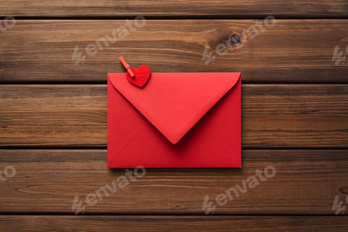Preview: Valentines day card with red envelope and heart on wooden background