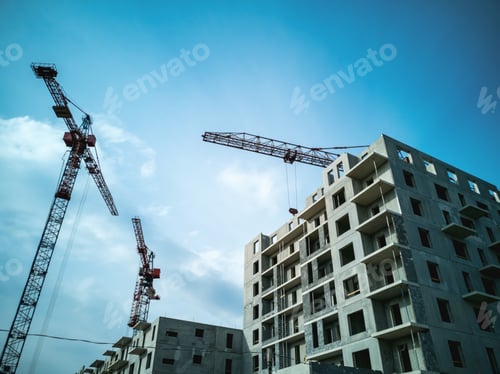 Preview: Tower cranes at the construction site. Construction of panel high-rise buildings.