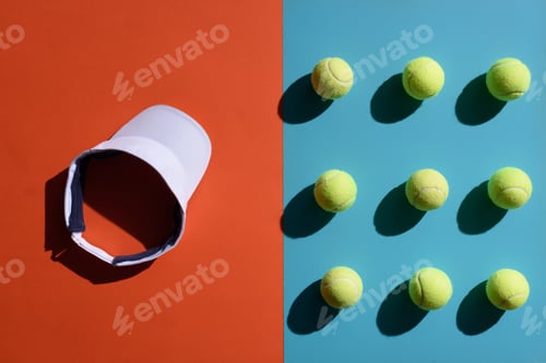 Preview: Top view shot of and tennis visor and balls placed on two toned surface