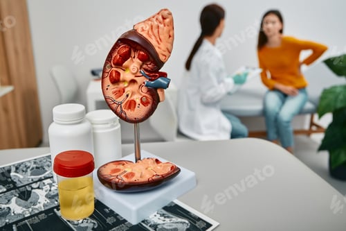 Preview: Treatment of kidney diseases at urology. Urologist consultation for adult woman with kidney pain