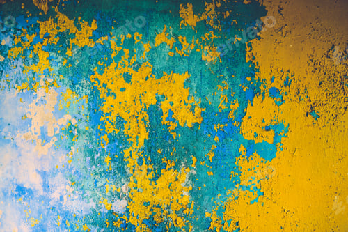 Preview: Old blue and yellow rusty iron background with remains of pieces of scraps of old paint.