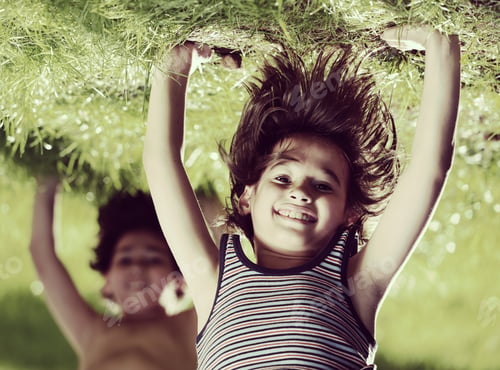 Preview: Portraits Of Happy Kids Playing Upside Down Outdoors In Summer Park