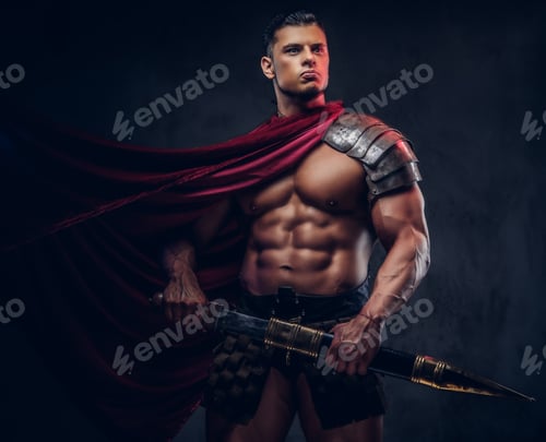 Preview: Brutal ancient Greece warrior with a muscular body in battle uniforms