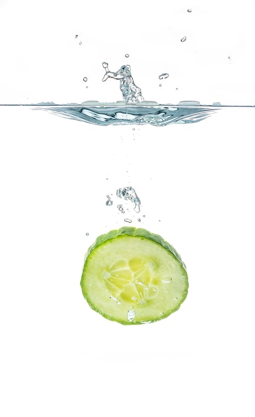 Preview: Fresh sliced cucumber in water isolated on white background. One slice