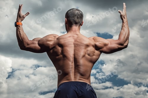 Preview: Muscular bearded man posing against cloudy sky