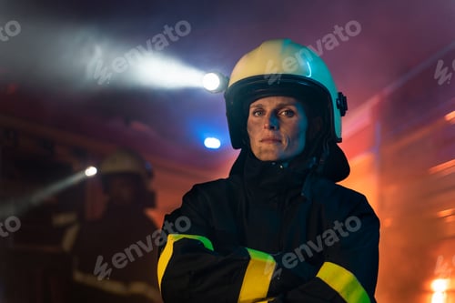 Preview: Dirty female firefighter looking at camera with fire truck at background at night