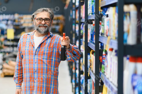 Preview: male customer making purchases in supermarket, buying household chemicals