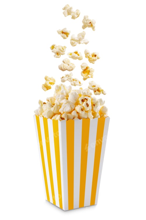 Preview: Popcorn flying out of yellow white striped paper box, isolated on white background