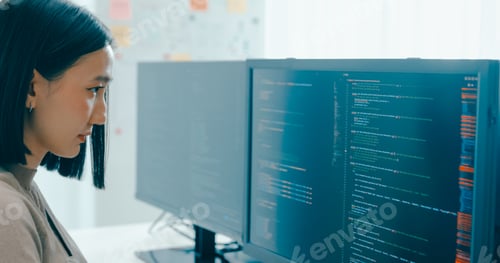 Preview: Young adult Asia female freelance typing write prompt AI bot IT app smart program nomad.