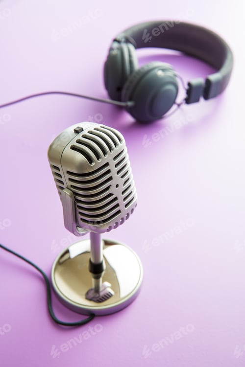 Preview: vintage silver microphone and headphones