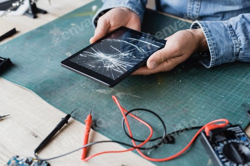 Preview: Cropped view of repairman holding smashed digital tablet near multimeter at workplace