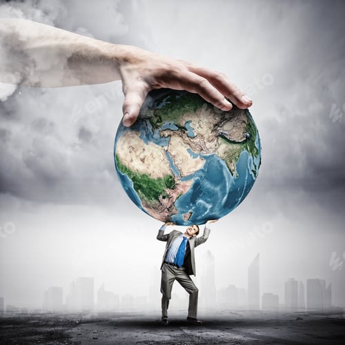 Preview: Image Of Young Businessman Under Pressure Of Planet Earth. Elements Of This Image Are Furnished By