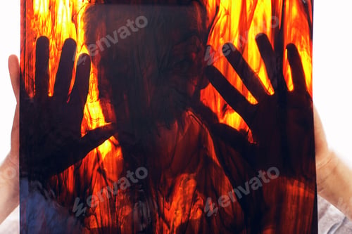 Preview: Craftsman artisan silhouette behind stained glass master male checking through surreal abstract