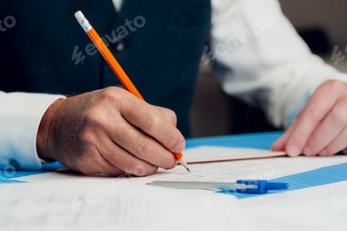 Preview: Close up of hand of an architect, engineer drawing blueprint