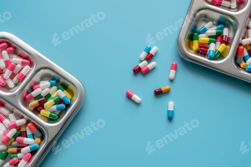 Preview: Multi-colored capsule pills in stainless steel tray and on blue background. Pharmacy banner.