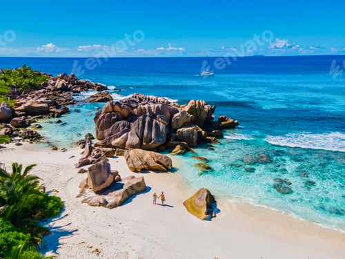 Preview: Anse Source d'Argent beach, La Digue Island, Seyshelles, Drone aerial view of La Digue Seychelles