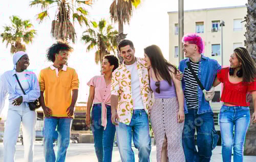 Preview: Multiethnic group of young happy friends hanging out