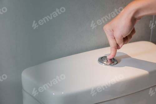 Preview: Woman finger pushing button and flushing toilet