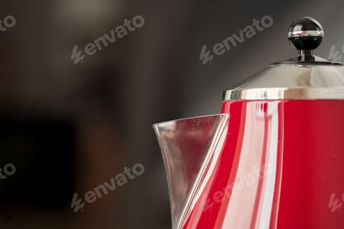 Preview: Vintage style red electrical teapot in kitchen interior