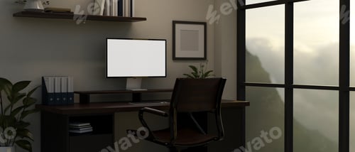 Preview: Modern dark home office with PC computer mockup with office supplies on table