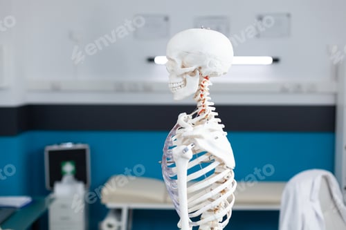 Preview: Slide view of human body skeleton standing in empty clinical office