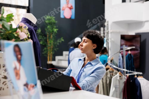Preview: Stylish employee arranging blue shirt