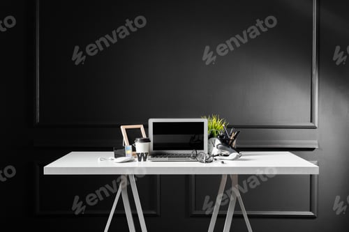 Preview: Office leather desk table with computer, supplies