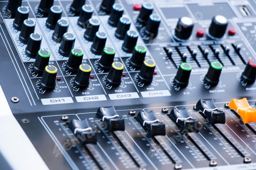 Preview: Closeup shot of the Sound engineering instrument, soundboard equalizer