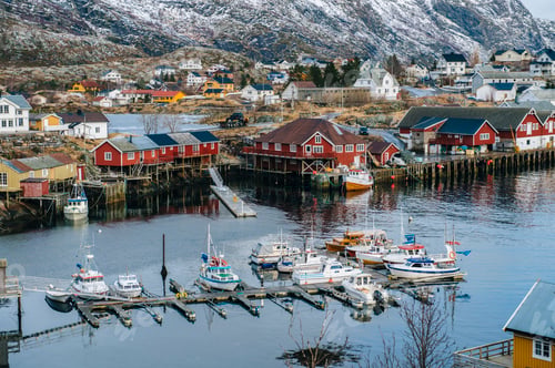 Preview: Fishing boats in harbour, Reine, Lofoten, Norway