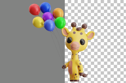 Preview: Giraffe Character Holding Colorful Balloons 3D Illustration