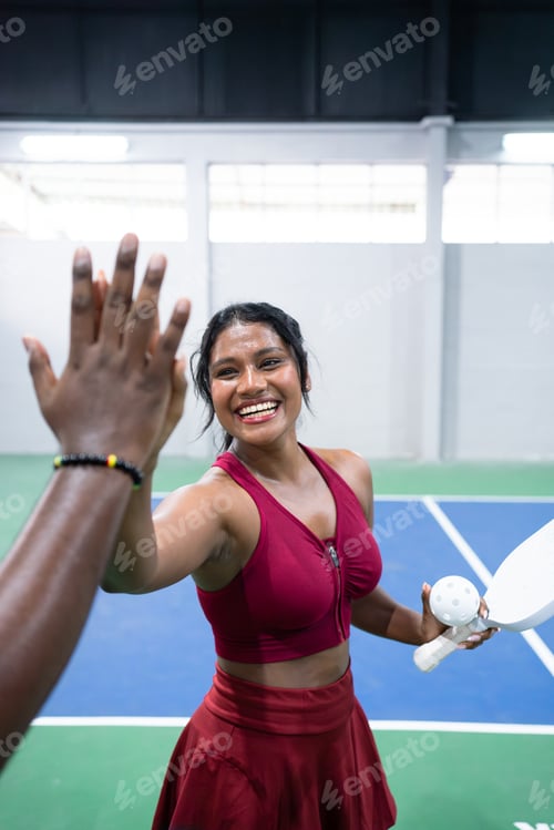Preview: Pickleball players giving high five after successful play
