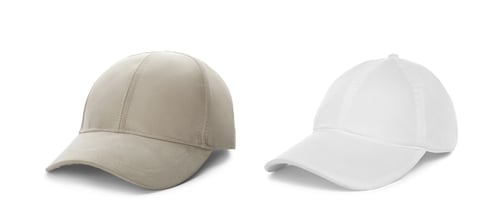 Preview: Different baseball caps on white background, collage. Mock up for design
