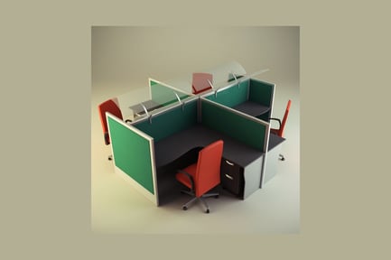 Preview: Curved office cubicle arrangement with desks and chairs