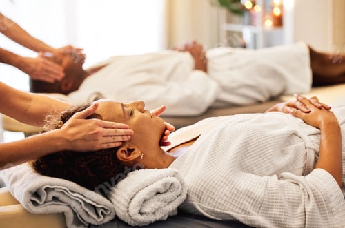 Preview: Couple, massage and spa wellness for headache and stress to feel zen with beauty and skin care. Rel