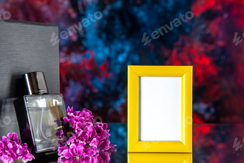 Preview: front view black fragnance with yellow picture frame on dark red background scent perfume flower