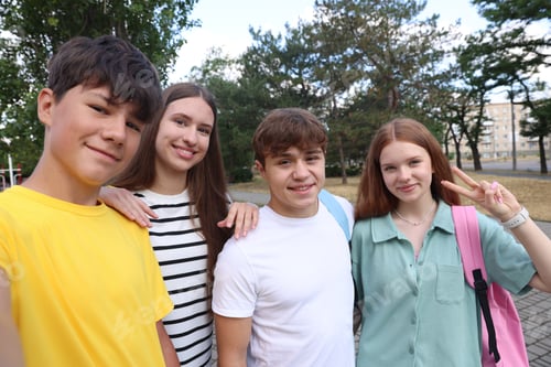 Preview: Group of teenagers taking selfie in park
