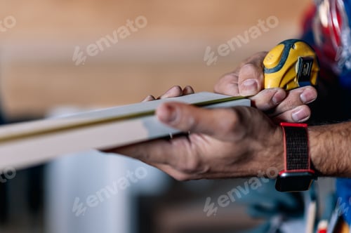 Preview: Young male carpenter working in workshop and measuring with meter