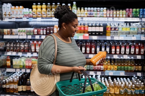 Preview: Smiling black woman grocery shopping in supermarket