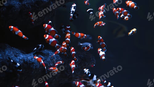 Preview: Lots of clownfishes swimming at the coral reef in dark water