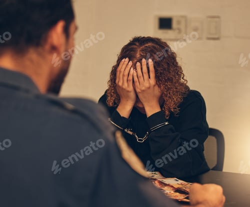 Preview: Police, investigation and detective listening to woman for crime interrogation or criminal arrest.