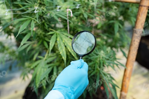 Preview: Agricultural Scientist Examining Plant Growth with Magnifying Glass in Greenhouse Setting
