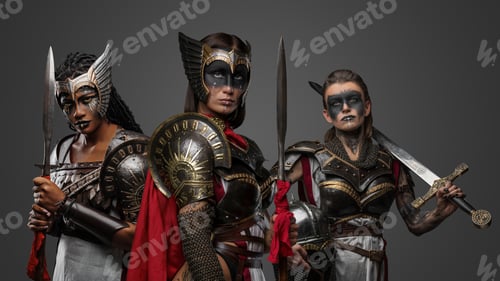 Preview: Three antique warriors women armed with cold steel