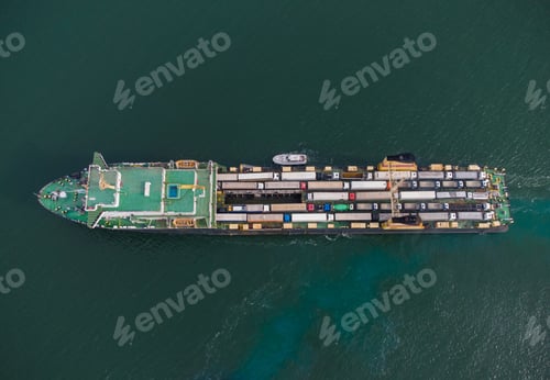 Preview: car ferry boat transports trucks in the sea, aerial view