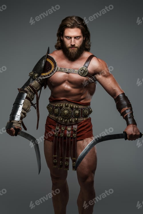 Preview: Gladiator with long hair and a beard, donning light armor wearing two swords