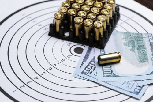 Preview: Many metal cartridges and dollars on shooting target, closeup